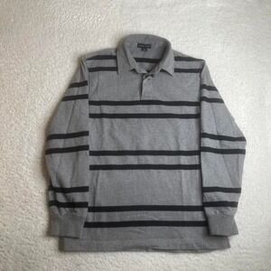 Vintage lands' end men's grey striped long sleeve rugby collar shirt heavy Y2K M
